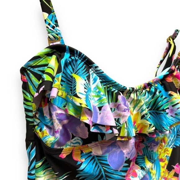 Island Escape Black Multi Color Tahiti Floral Bandini Tankini Top Size 8 - Picture 2 of 12